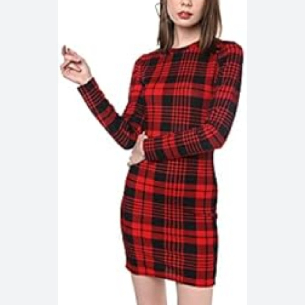 Plaid Long Sleeve Red and Black Dress